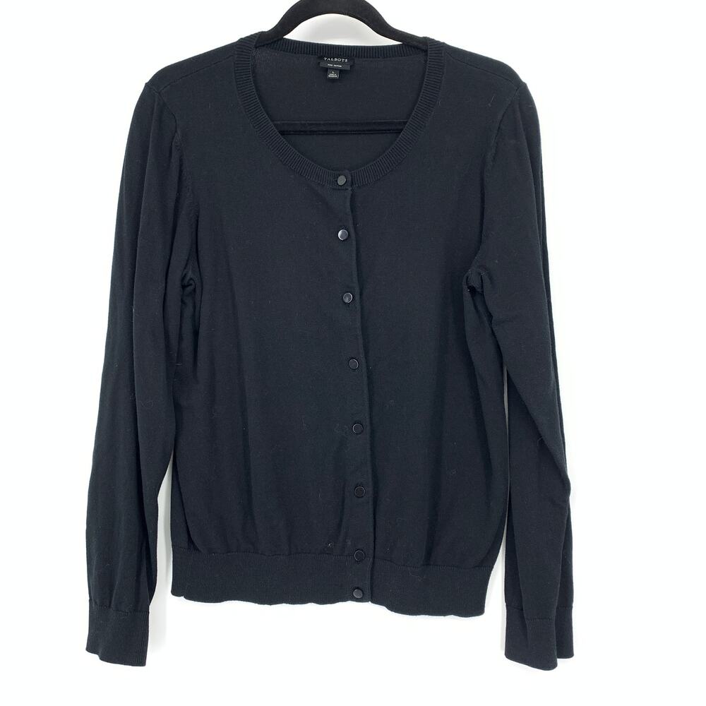 Talbots Button Front Crew Neck Cardigan Sweater Womens Sz L Pima Cotton Black